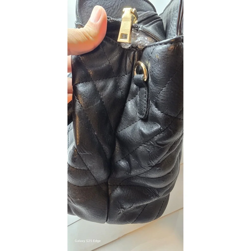 Black Quilted V Logo Satchel Handbag Gold Tone Hardware Chevron Pattern